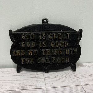 VTG Cast Iron Kitchen Prayer Trivet Wall Plaque God Is Great Black 6in MCM Kitch